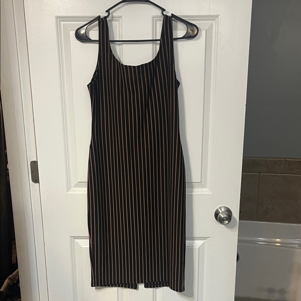Popular Basics Black and Brown Striped Midi Dress